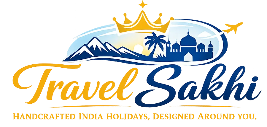 Travel Sakhi logo featuring luxury India travel elements including Kashmir mountains, Goa palm tree, heritage monument, crown, and airplane for premium India tour packages.